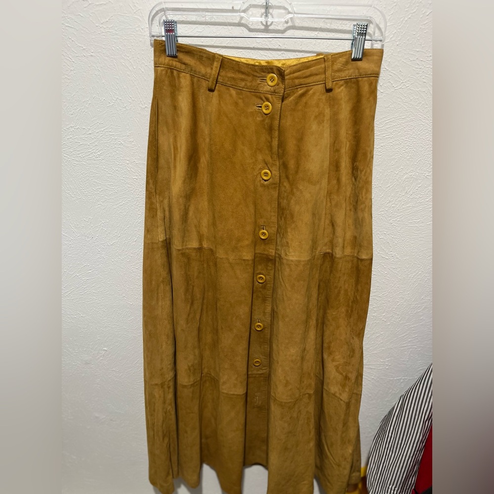 OUISET VINTAGE Goat Suede Skirt Leather MIDI Mustard/Brown Absolutely GORGEOUS S
